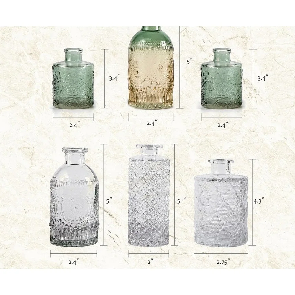 Wildmos Home Decor Assorted Glass Bud Vases Set of 6 Green Amber Clear Textured